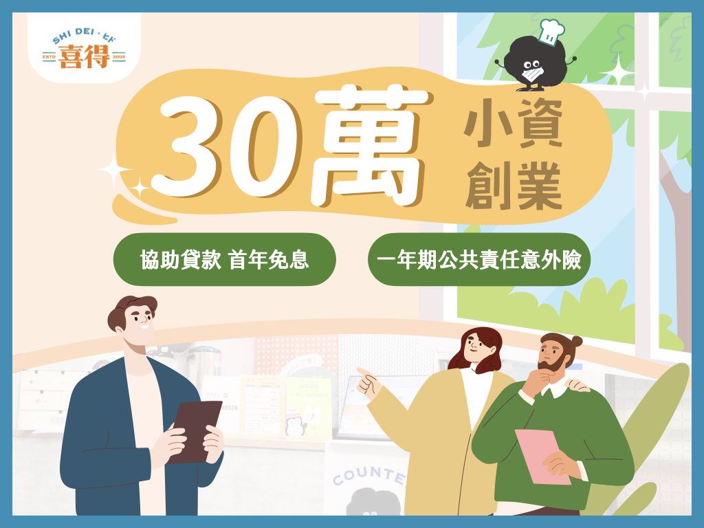 30萬小資創業，協助貸款，首年免息，一年期公共責任意外險。背景有喜得的店面，右上角有喜得吉祥物炭炭，左上角有喜得的LOGO